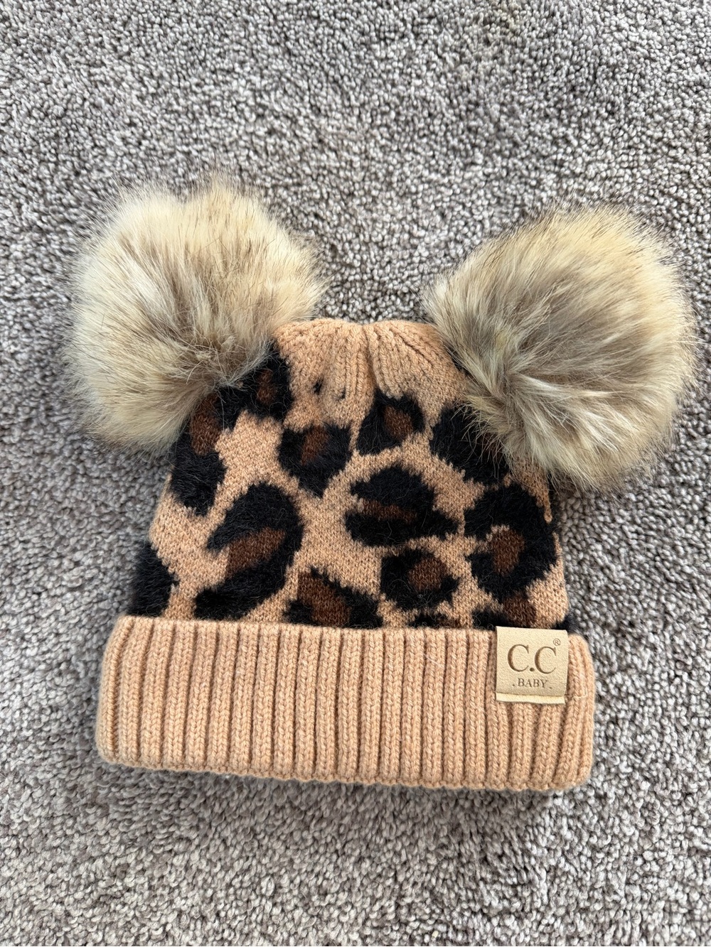 Leopard Print Pom Pom Beanie in Tan